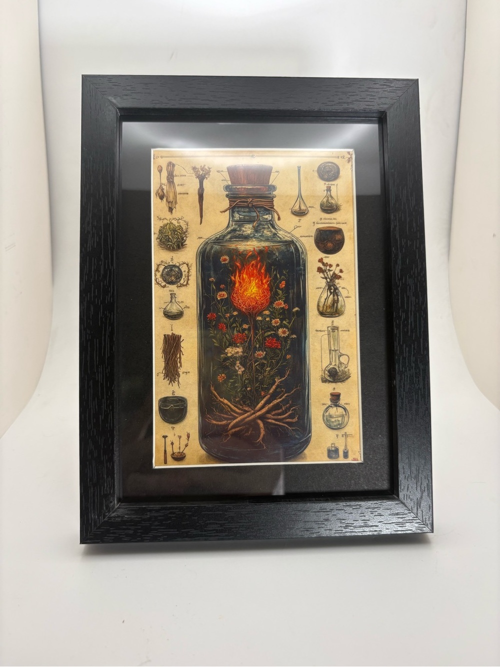 Witch’s Apothecary Fire Bottle Art Print – Framed 5x7 Mystical Decor